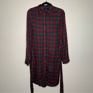 Tommy Hilfiger Womens Shirt Dress Sz M Burgundy Plaid Belted Long Sleeve Tartan